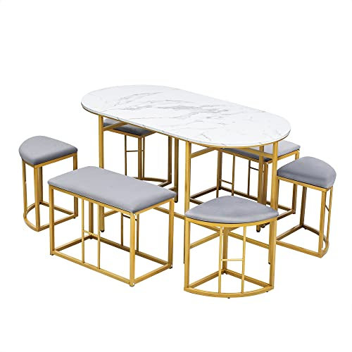 Azkoeesy Essgruppe 7-teilig mit 6 polsterstühlen, Esstisch-Set, Esszimmergruppe, für 6 Personen, Holztischplatte in Marmormuster, Golden