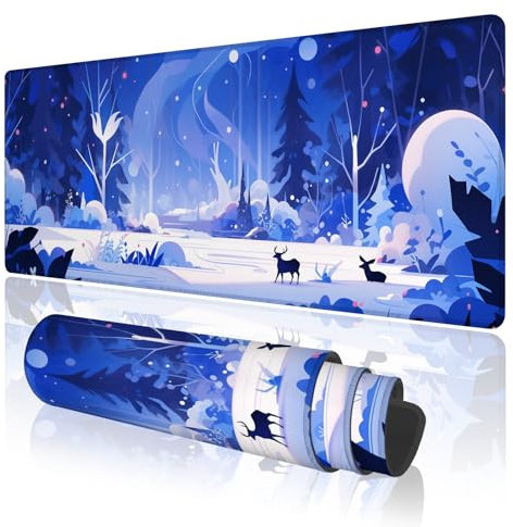 TOXXU Christmas Snowy Large Gaming Mouse Pad with Anti-Slip Base for Keyboard, Winter Fantasy Scenery Extended XL Mousepad for Girl, Cute Desk Mat with Stitched Edges for Desk, 31.5 x 11.8 in
