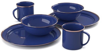 GSI Outdoors Mesa 2 Personen Emaillegeschirr Essgruppe 6-teilig - Lapislazuli mit bronzefarbenem Edelstahlrand, spülmaschinenfest, Lapislazuli