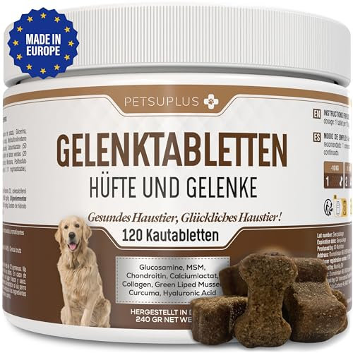 PETSUPLUS Gelenktabletten Hund mit Grünlippmuschel Hund, Hunde Gelenk Supplement Tabletten, Glucosamin MSM Chondroitin Kollagen Hyaluronsäure, stärkt Gelenke, wirkt entzündungshemmend-120 Kautabletten