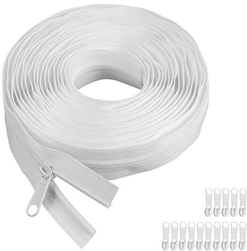 Endlos Reissverschluss mit Zipper Reissverschluss für Bettwäsche, 5mm 5m Reißverschluss Meterware mit 15 Metall Schieber, Nylon Endlosreißverschluss mit Zipper Weiß, für DIY-Näharbeiten an Taschen, Kl