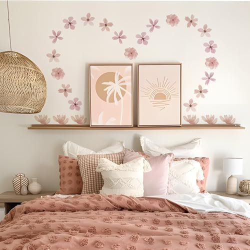Funlife Boho Nursery Wandsticker Aquarell Blumen Wandsticker Selbstklebend Wandtattoo für Kinderzimmer Babyzimmer Spielzimmer Mädchen Junge, Rosa Blumen