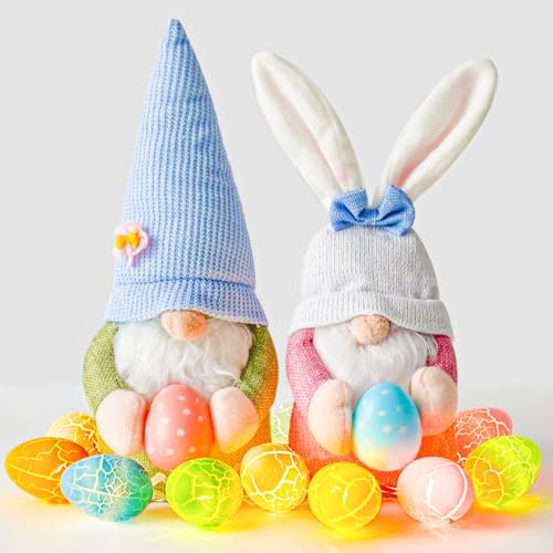 kopotma Osterdeko Wichtel Figuren Kleine mit Lichtern, 2 Stück Osterwichtel mit Ostereier Lichterketten,Tischdeko Ostern Osterschmuck für Zuhause Kinder