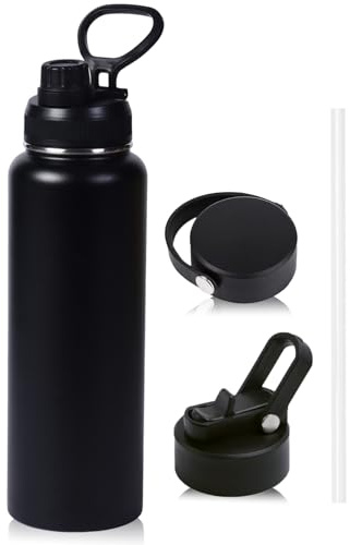 Insulated Water Bottle, 650ml Stainless Steel Water Bottle with 3 Lids (Straw Lid & Spout Lid & Flat Lid), Double-Walled Vacuum Bottles Leakproof Drink Flask for Travel Sports Gym Hiking (Black)