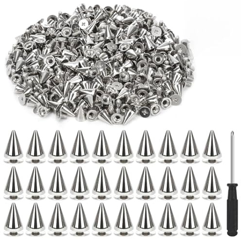 200 Pcs Cone Spikes Studs, 7x10mm, Metal, Colorfast, with Screwdriver | Studs for Clothing, Silver, Punk Style, Zinc Alloy Material, for DIY, for Clothing, for Jackets, for Dog Collars