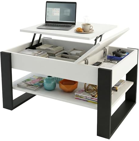 möbelkap Couchtisch mit anhebbarem & ausziehbarem Blatt | Höhenverstellbarer Wohnzimmertisch mit Stauraum | Sofatisch Weiß modern | Mit Liftfunktion