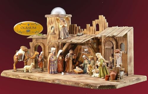 BTV Krippe KO70ng-MFPO-ORI-T2LF3 XXL 70cm Weihnachtskrippe, mit LED + BRUNNEN + Premium-DEKOSET Oriental, Massivholz edel GEFLAMMT - mit Premium-Krippenfiguren Oriental + schöner Engel, alle Figuren