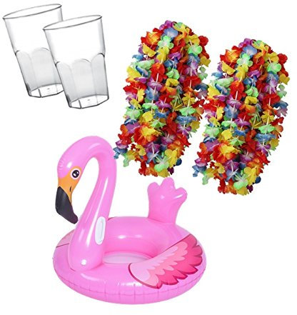 Kit Estate - Salvagente Fenicottero Rosa Gonfiabile + 20 Collane Hawaiane + 20 Bicchieri da Cocktail Trasparenti per Feste al Mare e in Piscina