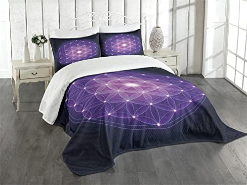ABAKUHAUS Dunkelblau Tagesdecke Set, Blume des Lebens Sterne, Set mit Kissenbezügen Feste Farben, für Doppelbetten 220 x 220 cm, Dunkelblau Rosa Lila