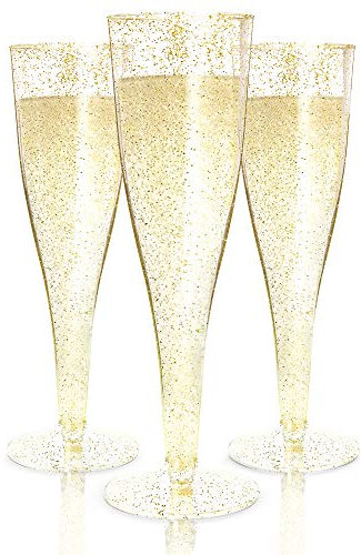 Flautas de champán desechables con purpurina dorada – 100 unidades – 4,5 oz. Copas de vino de plástico duro para fiestas y eventos, duraderas y reutilizables