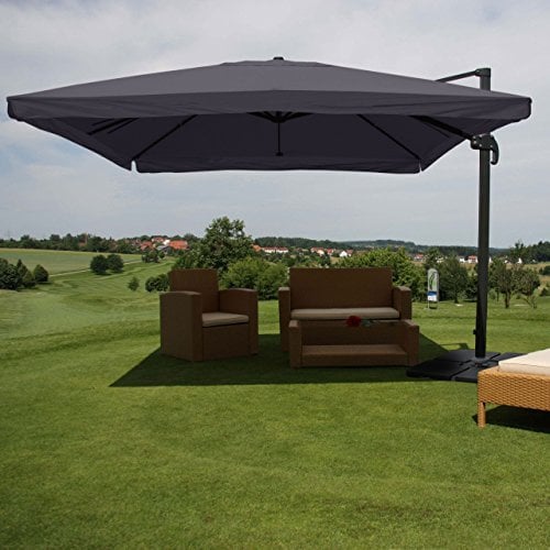 Mendler Gastronomie-Ampelschirm HWC-A96, 3,5x3,5m (Ø4,95m) Polyester/Alu 25kg Flap mit Ständer drehbar - anthrazit