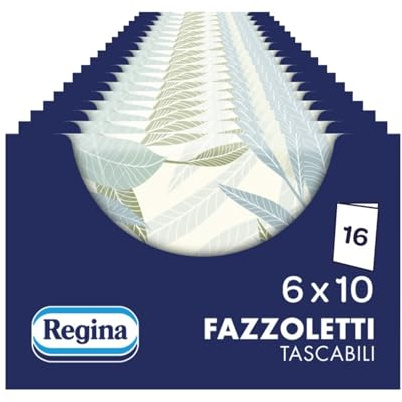 Regina Fazzoletti Tascabili – 16 Confezioni da 6 Pacchetti da 10 Fazzoletti | 4 Soffici Veli, Pratici Pacchetti Super Sottili, 6 Varianti Grafiche Accattivanti, Carta 100% Certificata FSC