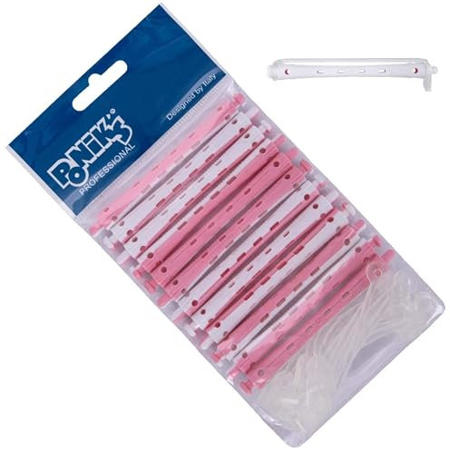 PONIK'S PROFESSIONAL - Dauerwellen Wickler, Lockenwickler für Dauerwelle Set, Haarwickler 12 Stück, Lockenwickler Dauerwelle 7 mm, Klein Kaltwellwickler mit Rundgummilaschen - Pink Weiß