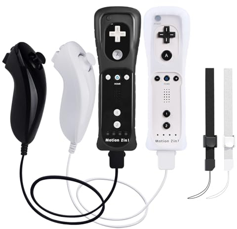 Confezione da 2 Controller Wii Con Motion Plus - Telecomandi in Bianco e Nero e Nunchucks Inclusi