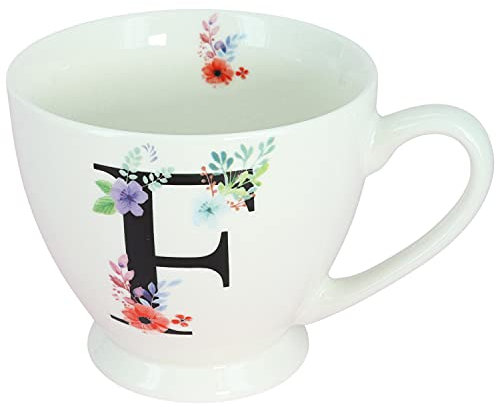 G Decor White Floral, 350ml, Alphabet A-Z Ceramic Tea Coffee XL Cup Mug, Novelty Drinkware for Morning or Evening Drink (F)