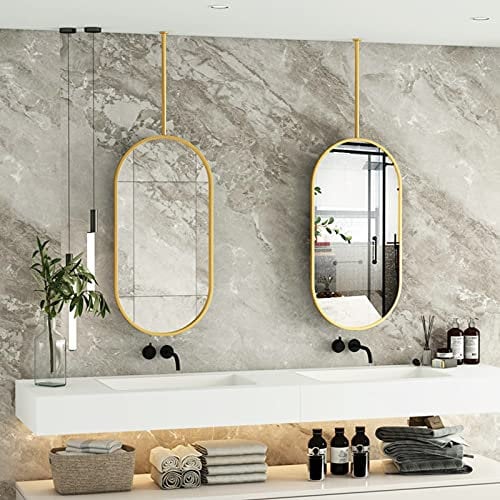 Decke hängende ovale Spiegel, gold kreativer dekorativer Spiegelwaschtisch-Make-up-Spiegel für Zuhause oder Hotel - mit Metallrahmen und Boom - schwimmende Badezimmerspiegel ( Size : 50cmx70cm )