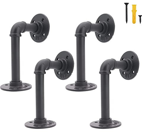 Beowanzk Heavy Duty Wall Brackets, 4 Pcs L Shape Floating Shelf Brackets, Industrial Pipe Metal Cast Iron Corner Shelves, Black
