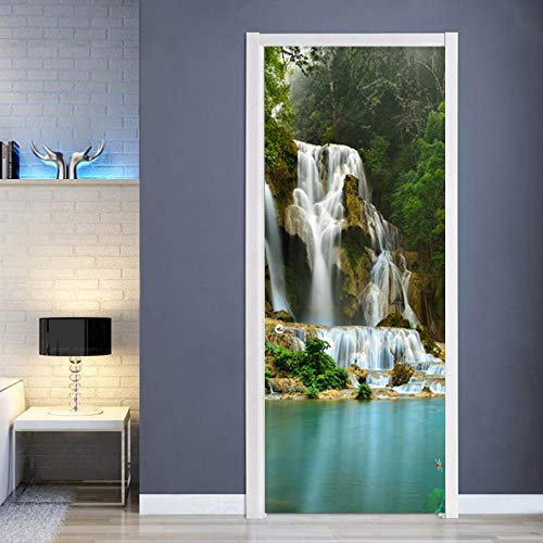 GSKBDQ Stickers Porte 3D Trompe L'Oeil Auto-Adhésif Autocollant De Porte Mural Poster De Porte Paysage De Cascade De Forêt Verte Amovible Papier Peint Salon Chambre Salle De Bain Décoration 77X200Cm