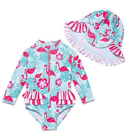 BONVERANO Traje de baño de una Pieza para niña, Mangas largas, protección UV 50+ con Gorra(Rojo-Flamenco,12-18meses…