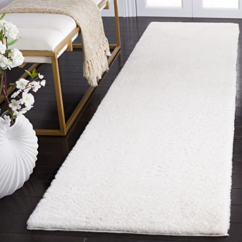 SAFAVIEH Zeitgenössische Teppich für Maschinenwaschbar und rutschfest - Wohnzimmer, Esszimmer, Schlafzimmer - Faux Rabbit Fur Collection, Kurzer Flor, Cremefarben, 62 X 240 cm