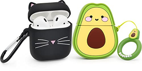 Mouzor 2 PACK Cute Avocado Airpods Case, Black Whisker Cat Airpods 2 Case, Funny 3D Cartoon Soft Silicone Full Protection Charging Cases Cover with Keychain for Airpods 1st Generation, 2nd Generation