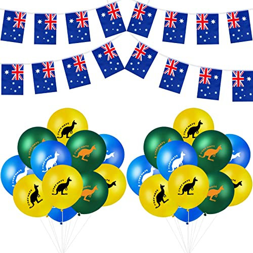 Australien Party Dekoration Set, inklusive 24 Stück Känguru Australisch Luftballons, 8 Meter Australien Fahnenkette und Silbergraue Bänder für Fanartikel Baby Shower Geburtstag Party Deko