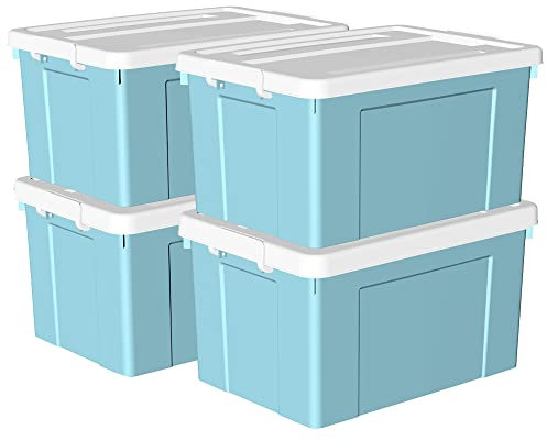 Cetomo 90L*4 Storage Boxes, Plastic Storage Box with Lids, Organizing Container with Secure Latching Buckles, Stackable, Nestable, Tote Bin for Home Office Clothes, 90L-4Pack, Blue