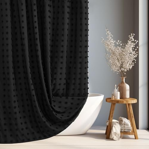 Siiluminisoy Boho-Duschvorhang, extra lang, schwarz, gewebter Stoff, süß, 183 x 198 cm, getuftet, Plissee, floral, strukturiert, modern, Landhaus, minimalistisch, Set mit Haken für Badezimmer