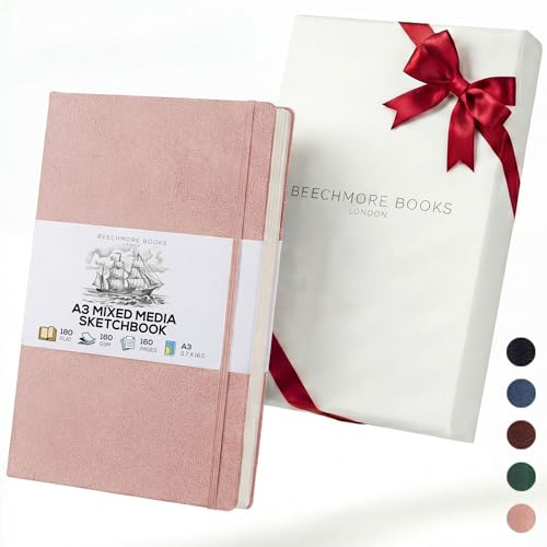 Beechmore Books A3 11.7x16.5 Mixed Media Sketchbook 160 GSM/98lb, Gift Box | Hardcover Drawing Pad with Lay-Flat Binding, Extra Large Perforated Ivory Paper for Studio Drawing & Watercolour Work
