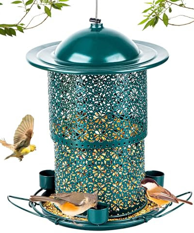 Godinsky Wildvogel-Futterspender aus Metall zum Aufhängen im Freien, 3,2 kg, hohe Kapazität, Eichhörnchensicher, großer grüner Kardinal-Vogelfutterspender für Garten, Hinterhof, als Geschenke für