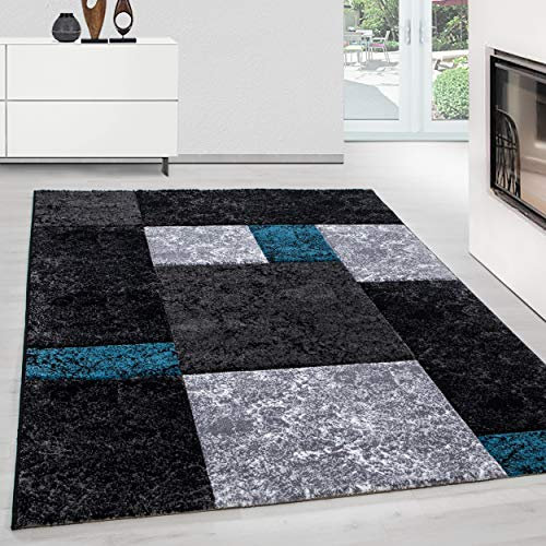 Teppium Moderner Kurzflor Teppich Wohnzimmer 300x400 (280 x 370 cm) Türkis - Konturenschnitt Teppich Waschbar, Kariertes, Pflegeleicht, Weich - Ideal für Schlafzimmer, Esszimer und als Küchenteppich