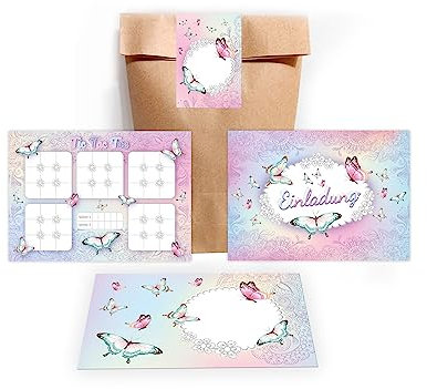 Limonia 12 Einladungskarten zum Kindergeburtstag Einladung Geburtstag Mädchen Schmetterling incl. 12 Umschläge, 12 Tüten, 12 Aufkleber, 12 Tic Tac Toe