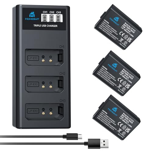 Homesuit LP-E10 Akku 1600mAh und LCD Ladegerät für Canon EOS 1100D, EOS 1200D, EOS 1300D, EOS 2000D, EOS Rebel T3, T5, T6, T7, Kiss X50, Kiss X70 Kameras(3er-Pack)