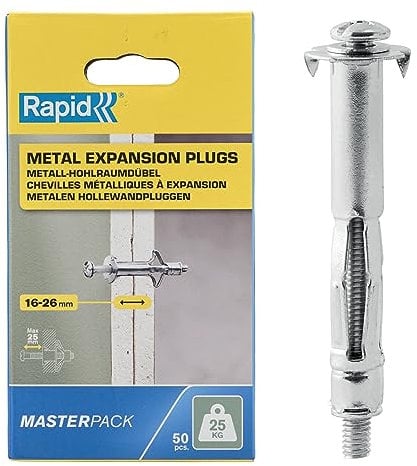 Rapid Confezione da 50 Tasselli ad Espansione in Metallo per Pareti Cave in Cartongesso e Truciolari dallo Spessore di 16-26 mm, Supportano fino ad un Carico di 25 Kg