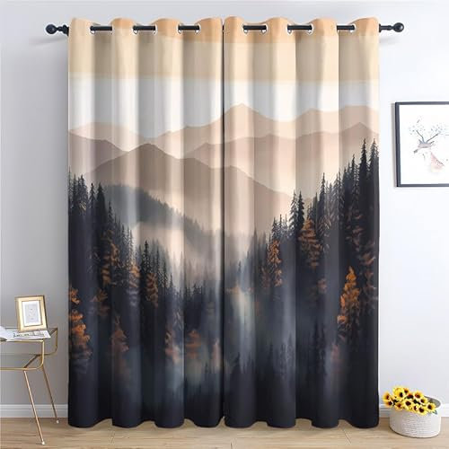 QEODAH Vorhänge Berge Waldmotiv Gardinen mit Ösen, Vorhang Blickdicht, Fensterdekoration, Schlafzimmer Wohnzimmer & Kinderzimmer Deko, Blackout Curtain 2er Set H 160 x B 140 cm