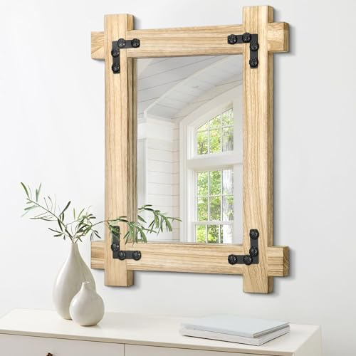 Rechteckiger Wandspiegel zum Aufhängen, Bauernhaus-Holzspiegel mit Rahmen, rustikaler Spiegel für Wand, dekorativ für Badezimmer, Wohnzimmer, Waschtisch, Schlafzimmer, Vintage-Wanddekoration, weiß,