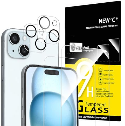 NEW'C Lot de 4, 2 x Verre Trempé pour iPhone 15 Plus (6.7) et 2 x Protection Caméra Arrière - sans Bulles d'air -Ultra Résistant - Dureté 9H Glass