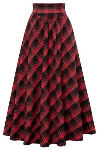 SCARLET DARKNESS Costume de Pirate Steampunk pour Femme, Jupe plissée pour Halloween, Carnaval, fête, Rouge, Noir, Carreaux, XL