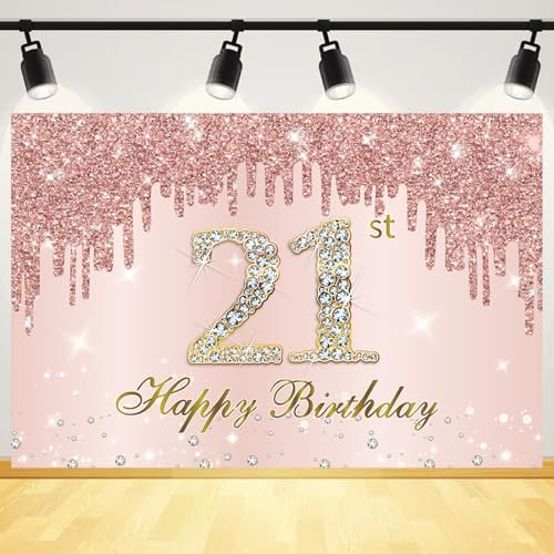 QttvbTna 21st Birthday Banner Backdrop Decoration, Extra Large Fabric Glitter Diamonds Happy Backdrop, Rose Gold 21 Decorations for Outdoor Indoor Party Decoration 59 * 39 Inch