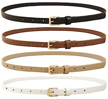 HOTWILL 4 Pack Women Skinny Belts for Jeans Dress Thin Waist Belt for Ladies with Gold Buckle 0.55 Width