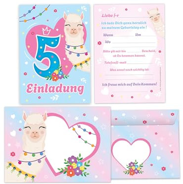 Limonia 6 Einladungskarten inkl. 6 Briefumschläge Kuverts zum 5. Kindergeburtstag Motto-Party Feier Fest Einladung Set Geburtstag Mädchen Kinder Mädels Teenies Tiere Kamel Lama Alpaka blau rosa