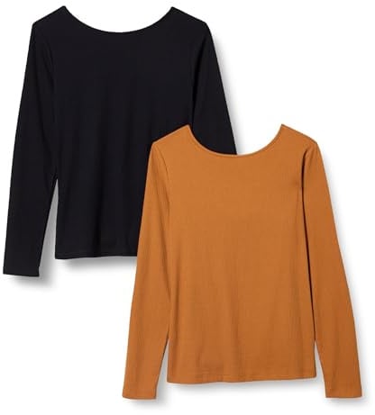 Amazon Essentials Women's Scoop Back Long-Sleeved, Slim-fit, Rib-Knit T-Shirt, Pack of 2