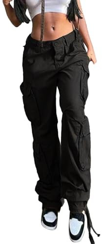 YULONGESS Cargohose Damen Baggy, Y2K Weites Bein Track Pants, High Waist Stretch Wanderhose, Vintage Baggy Hosen, Sport Jogginghose, Lang Freizeithose, Mädchen Cargohosen mit Multi Taschen