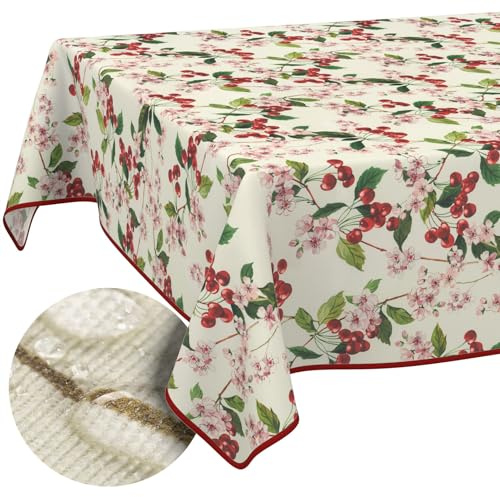 Tischdecke Stoff abwaschbar Tischtuch Tafeldecke pflegeleicht Lotuseffekt schmutz- & wasserabweisend für Indoor Outdoor Tischdecke 280x140cm mit Saum (Eingefasst) Kirsche