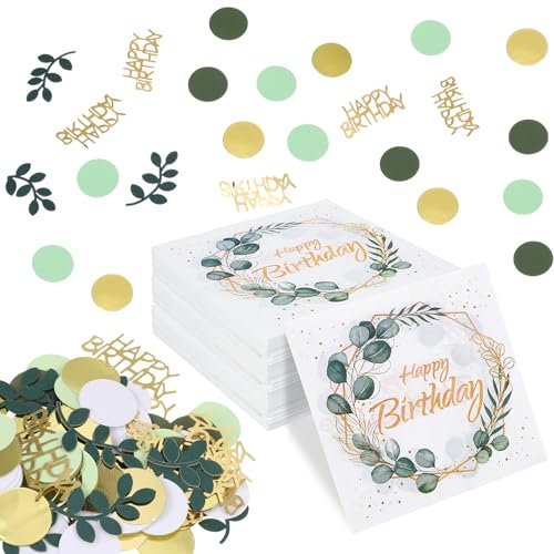 Jostift 300 Stück Konfetti Grün Gold Geburtstag mit 40 Stück Servietten Geburtstag, Happy Birthday Konfetti Happy Birthday Servietten, Tischdeko Geburtstag Grün, Happy Birthday Deko