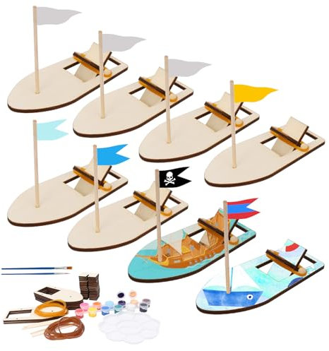 DKINY 8 Stück Holzboot Bastelset Kinder Segelboot aus Holz zum Basteln DIY Holz Schilff Kreativsets mit Farben Segelschiff Kunsthandwerk & Bastelbedarf Holzspielzeug Geschenk für Junge Mädchen