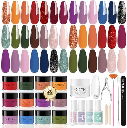 Aokitec 36PCS Dip Powder Nail Kit - 20 Autumn Colors Dipping Powder with Clear Build Powder 4PCS Dip Liquid Set Base Activator Top Coat Brush Saver All-in-1 Starter Nail Kit for DIY Manicure Nail Art