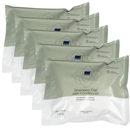 ABENA Shampoo Haube 5er Pack – Duschhaube mit Conditioner, sanfte Waschhaube ohne Wasser, praktische Haarwaschhauben für Bettlägerige, Shampoo Cap für empfindliche Kopfhaut, als Duschhaube Damen