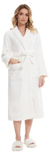Knuffnee Damen Fleece Morgenmantel Flauschig Lang Bademantel Kuschelig Weich Saunamantel mit Taschen Weiß XL