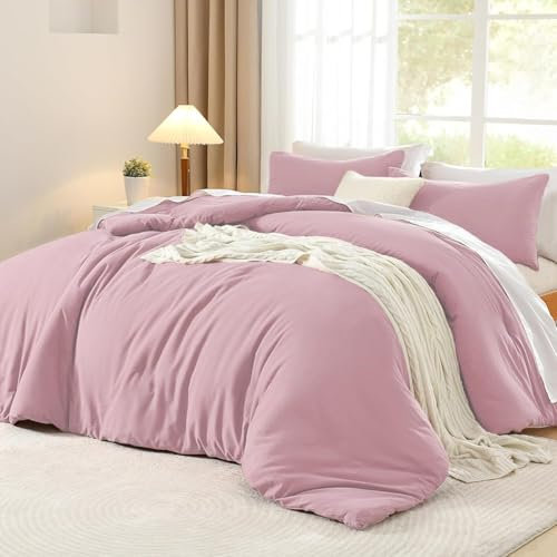 Luofanfei Housse de Couette Coton 200x200 Vieux Rose Ado Adulte Garçon 2 Personnes Uni Parure de Lit Unie en Coton Parure Housse Couette zippée 200 x 200 avec 2 Taies d'oreiller 65x65cm